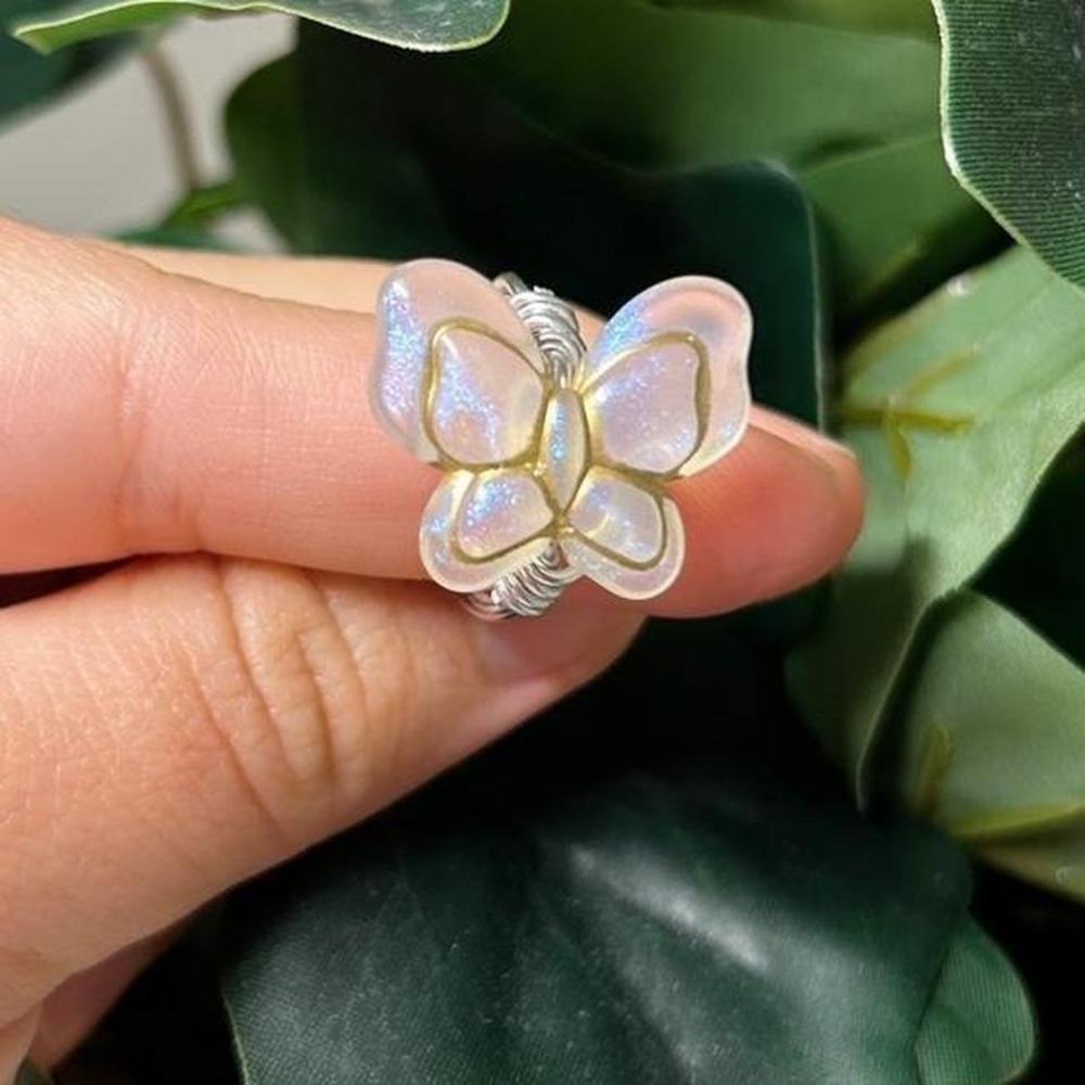 Handmade Large Acrylic Butterfly Ring Silver Wire Cottagecore Fairy Whimsical